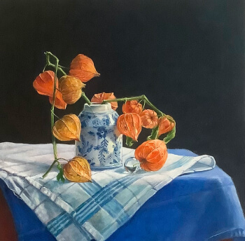 Lampionnetjes in Delfts vaasje, 2024 30x40 - olie op paneel